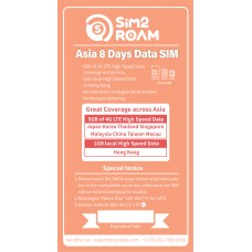 Asia Prepaid Data SIM Card 8 Days- China, Japan, Korea, Thailand, Hong Kong, Macao, Taiwan, Singapore, Malaysia 